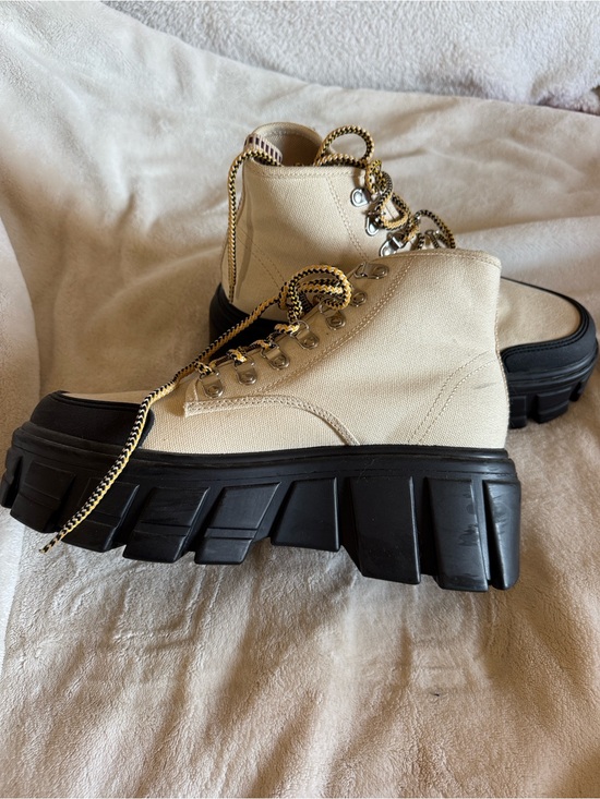Zara Shoes - Zara Cream Canvas Lace-Up Platform Boots with Black Lug Sole